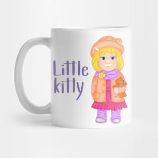 Baby cat girl in hat and spring clothes with a toy. Spring print Mug